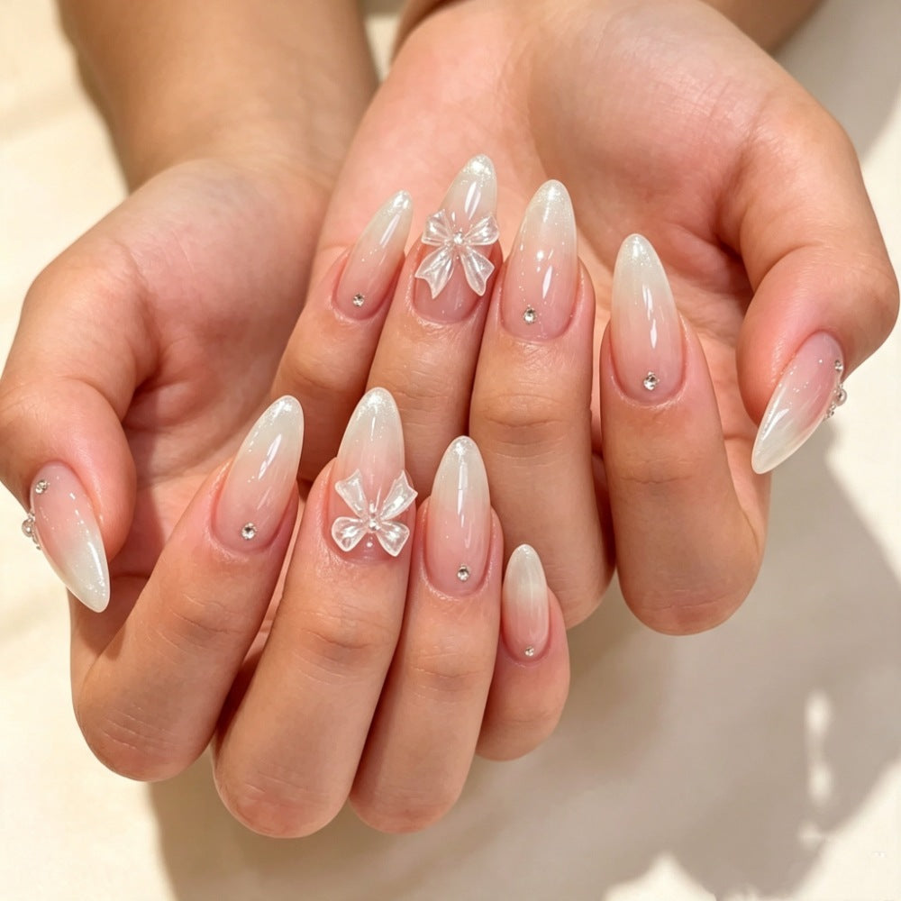 Elegant Press-On Nail Set with Decorative Bow and Gem Accents Bowlift