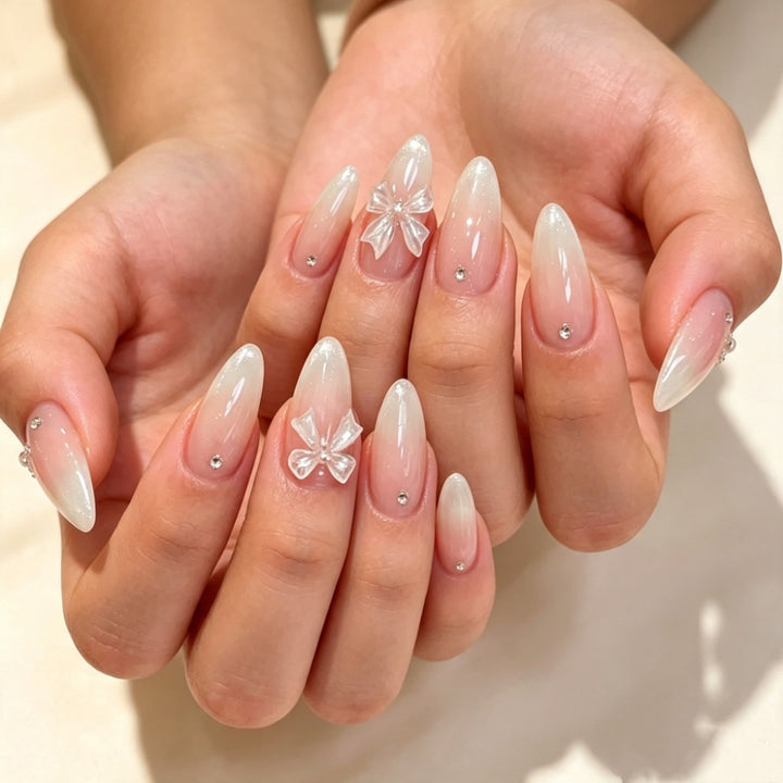 Elegant Press-On Nail Set with Decorative Bow and Gem Accents Bowlift