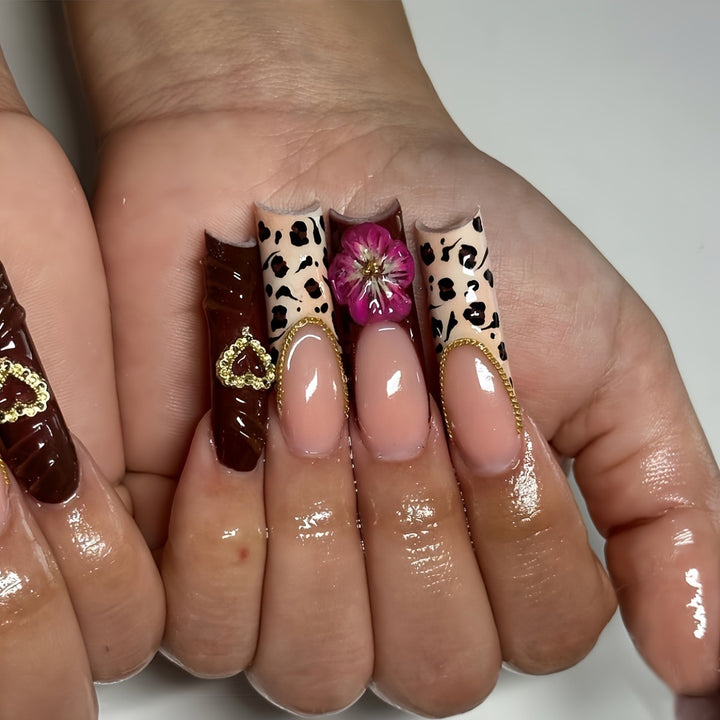 Decorative Long Acrylic Press-On Nail Art with Floral and Leopard Designs Bowlift