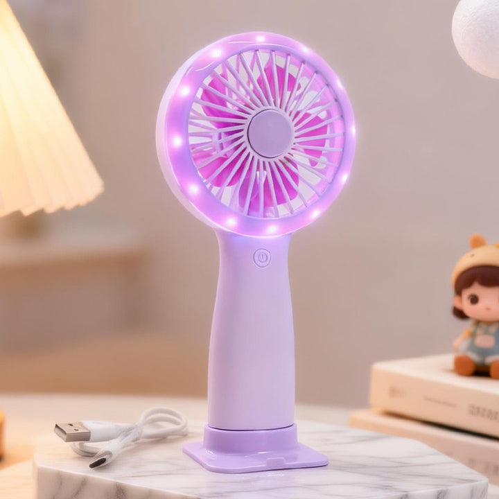 Women Portable Hand Fan with LED Light and USB Connection Bowlift