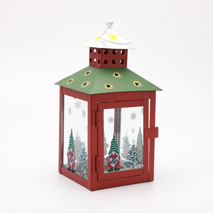 Decorative Holiday Gnome Lantern with Star-Cut Roof and Glass Panel Candle Holder Bowlift