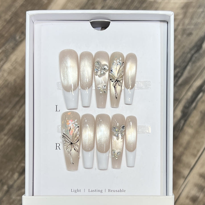 Elegant Press-On Nail Art Set with Butterfly and Jewel Accents Bowlift