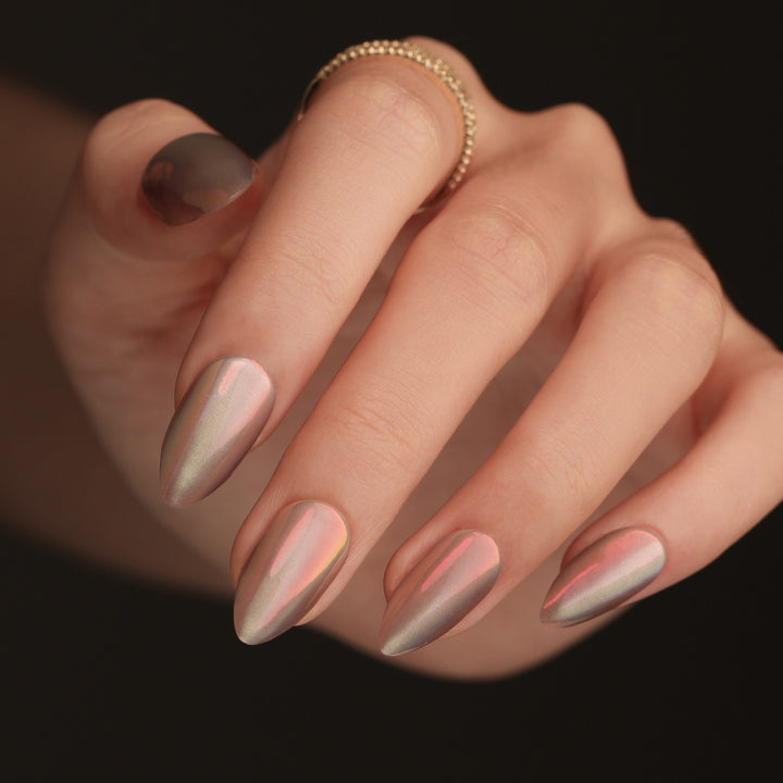 Elegant Artistic Stiletto Nails with Shimmering Gradient Bowlift