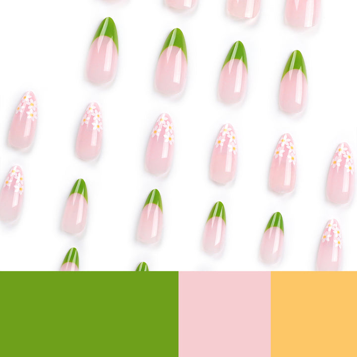 Artificial nails with floral accents and green French tip Bowlift