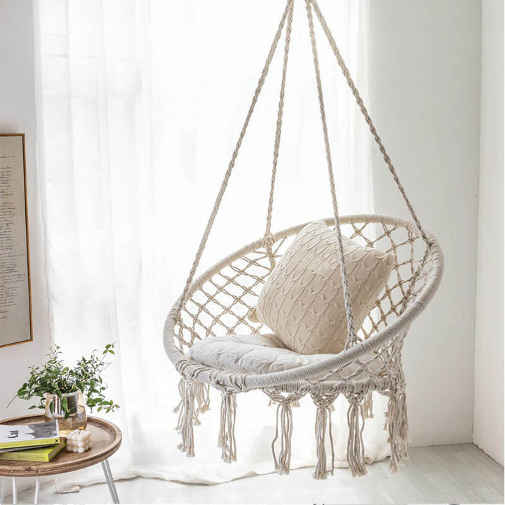 Macrame hanging swing chair boho woven fringe indoor outdoor hammock seat Bowlift