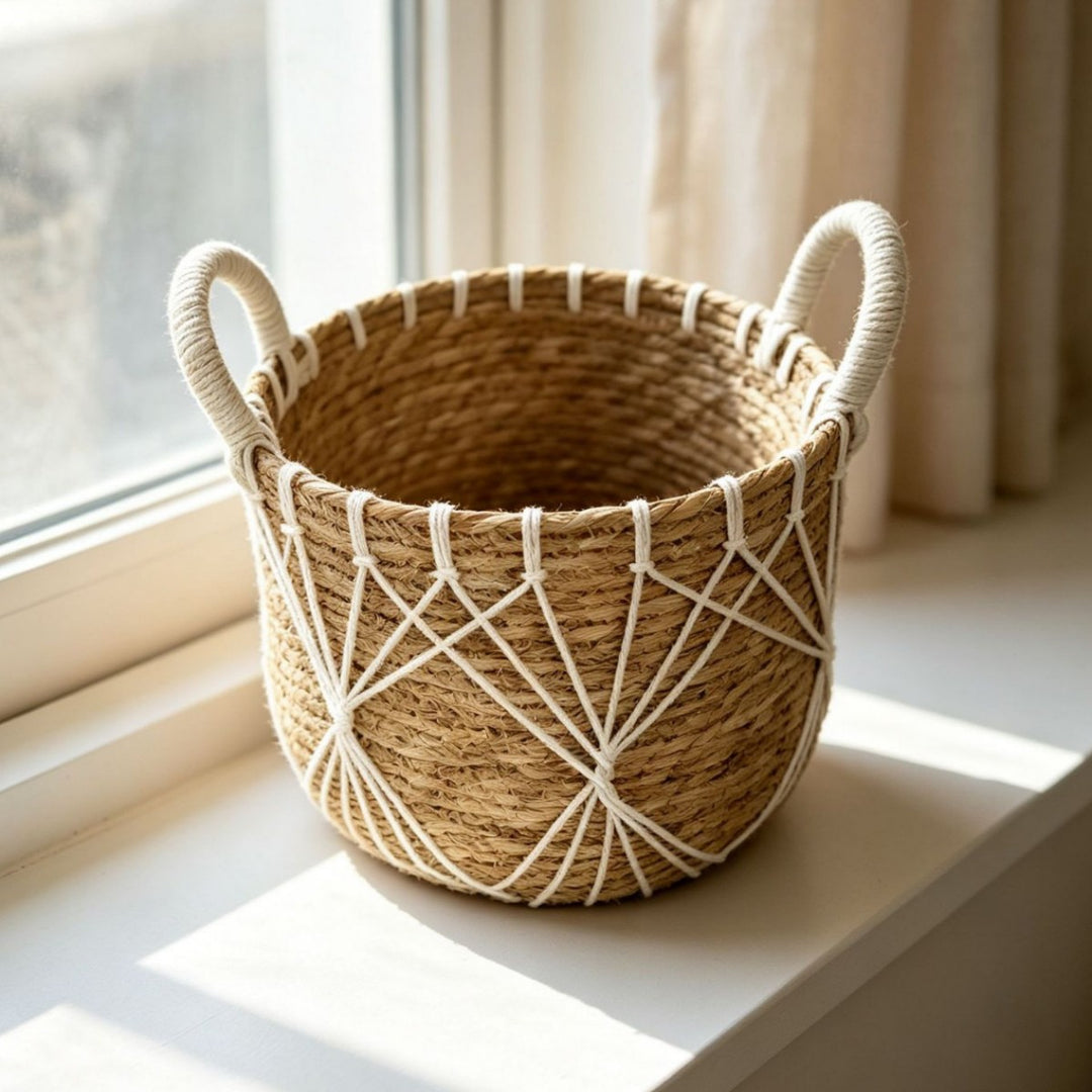 Handwoven decorative basket with heart motif Bowlift