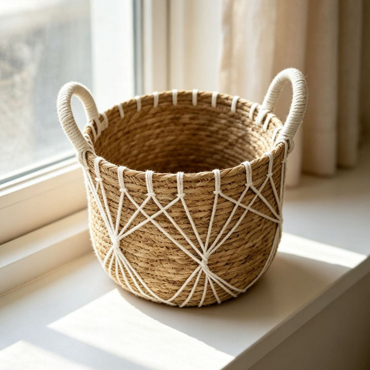 Handwoven decorative basket with heart motif Bowlift