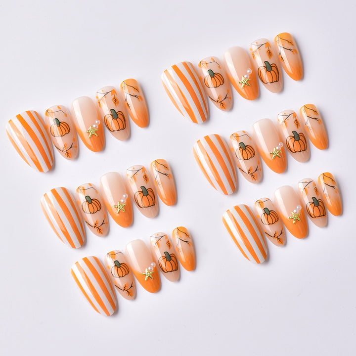 Seasonal Pumpkin-Themed Press-On Nail Art Set Bowlift