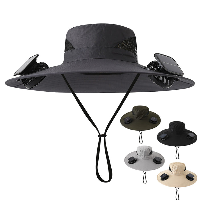 Wide sun hat with integrated solar fans breathable mesh adjustable chin strap Bowlift