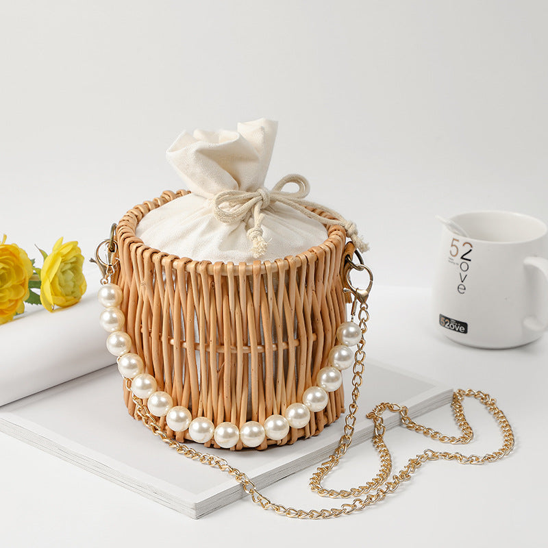 Women handcrafted basket bag with pearl chain Bowlift