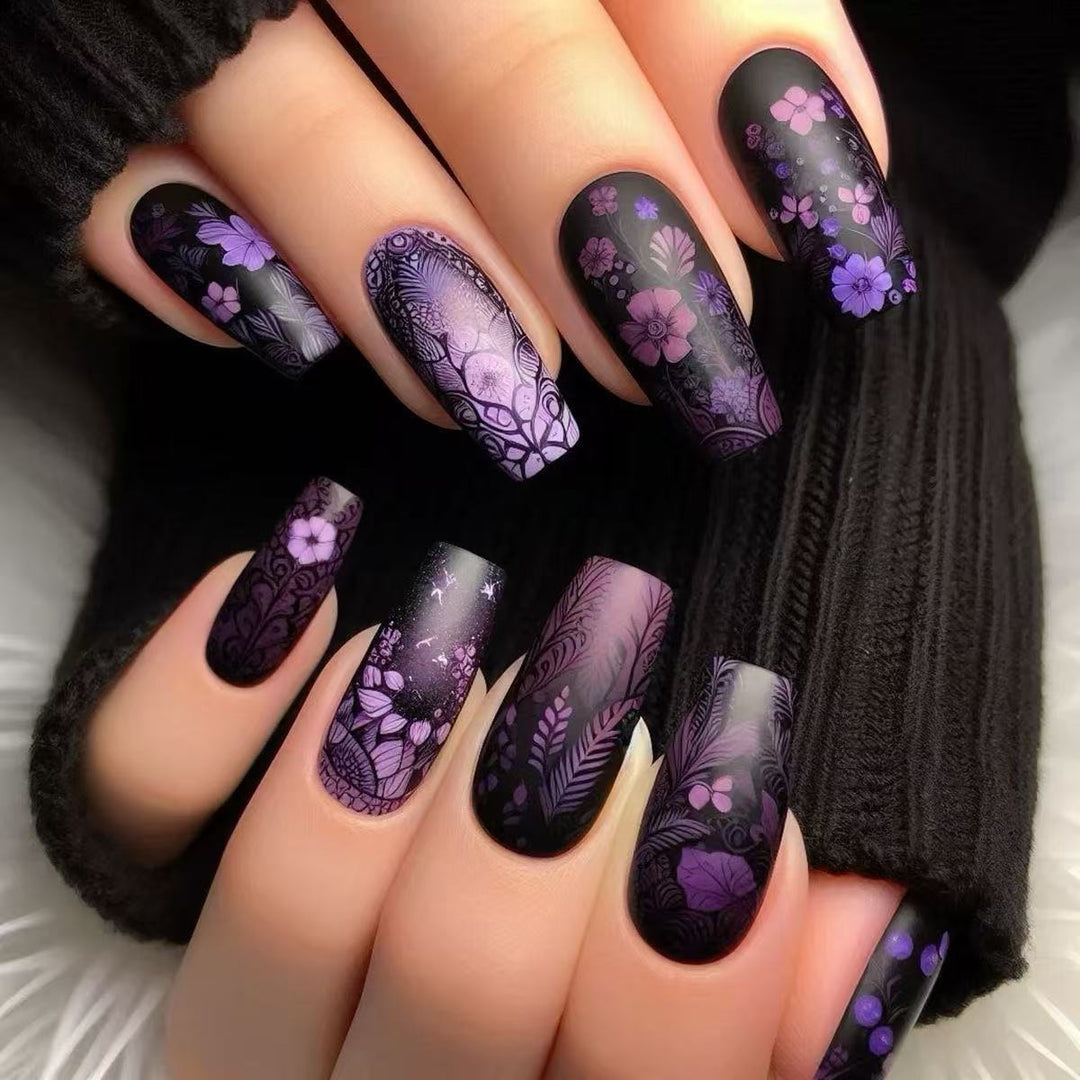 Artificial nails with floral and matte patterns Bowlift