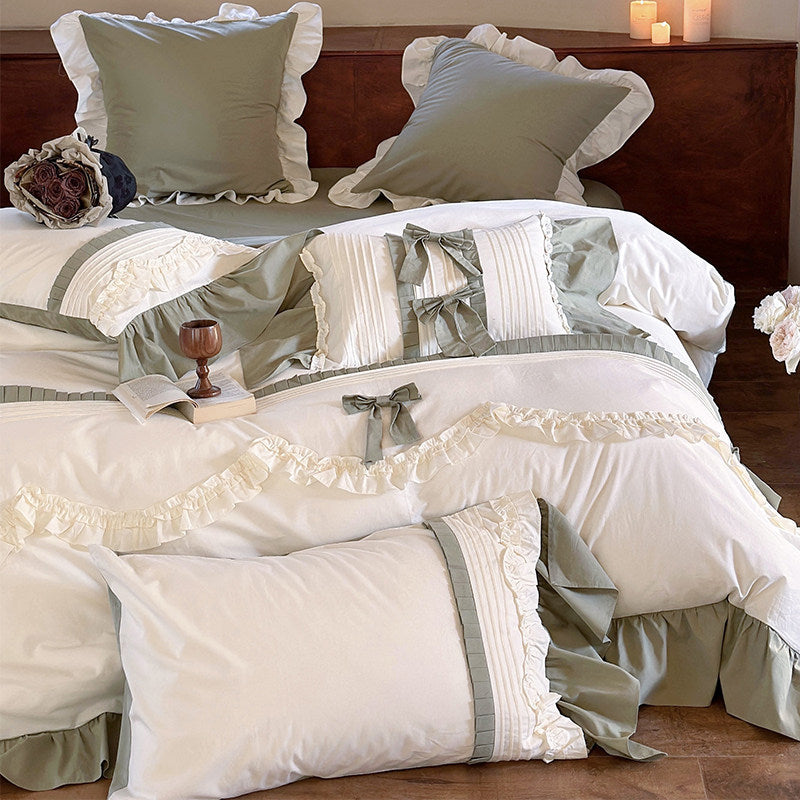 Ruffled Cotton Percale Duvet Cover Set with Pleated Trim & Bow Accents