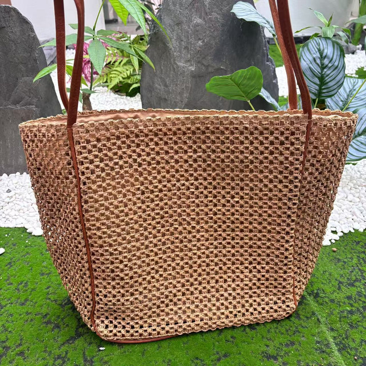 Woven Cotton Handbag with Leather Handles Bowlift