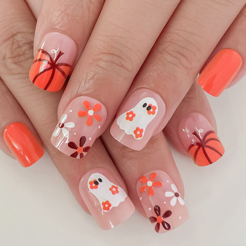 Artistic Press-On Nail Set with Halloween Themed Designs Bowlift