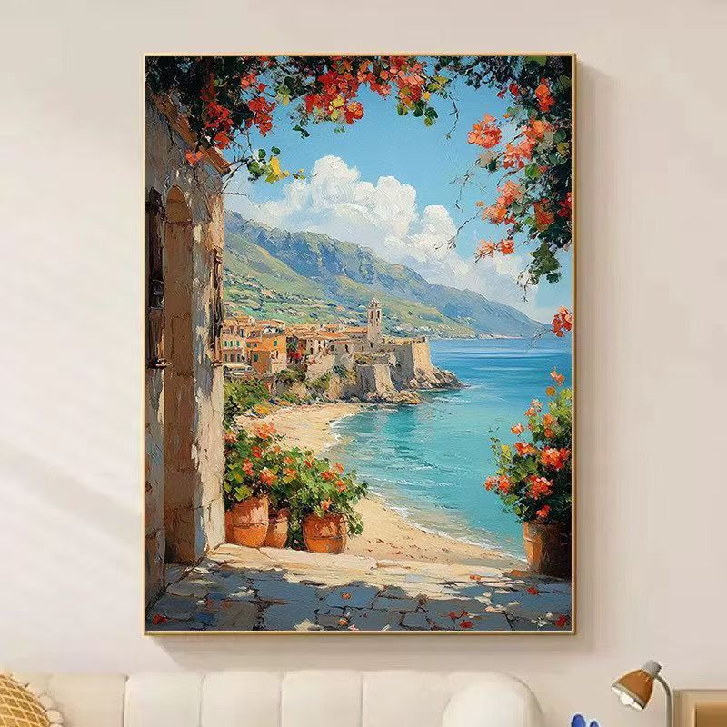 Coastal Village Scenic Painting Canvas Wall Art Bowlift