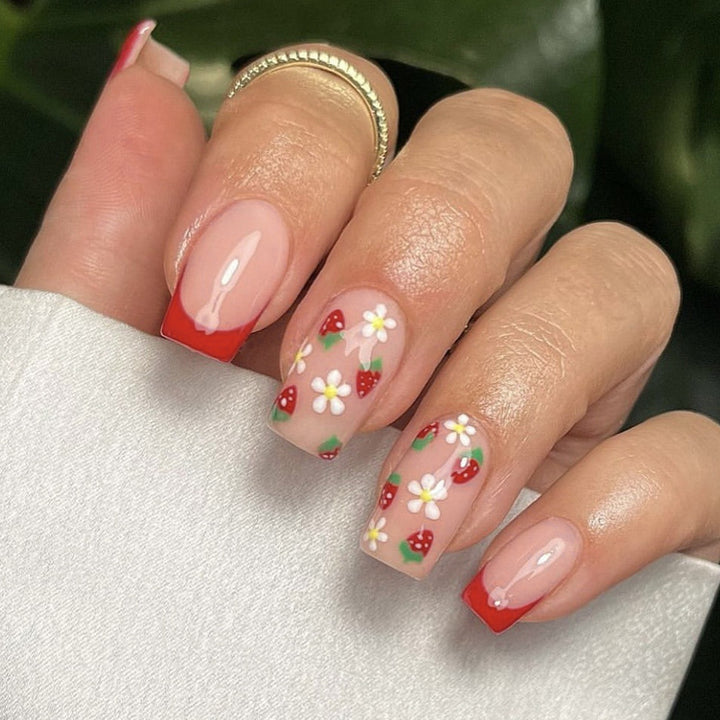 Artistic Strawberry Floral Press-On Nails Bowlift