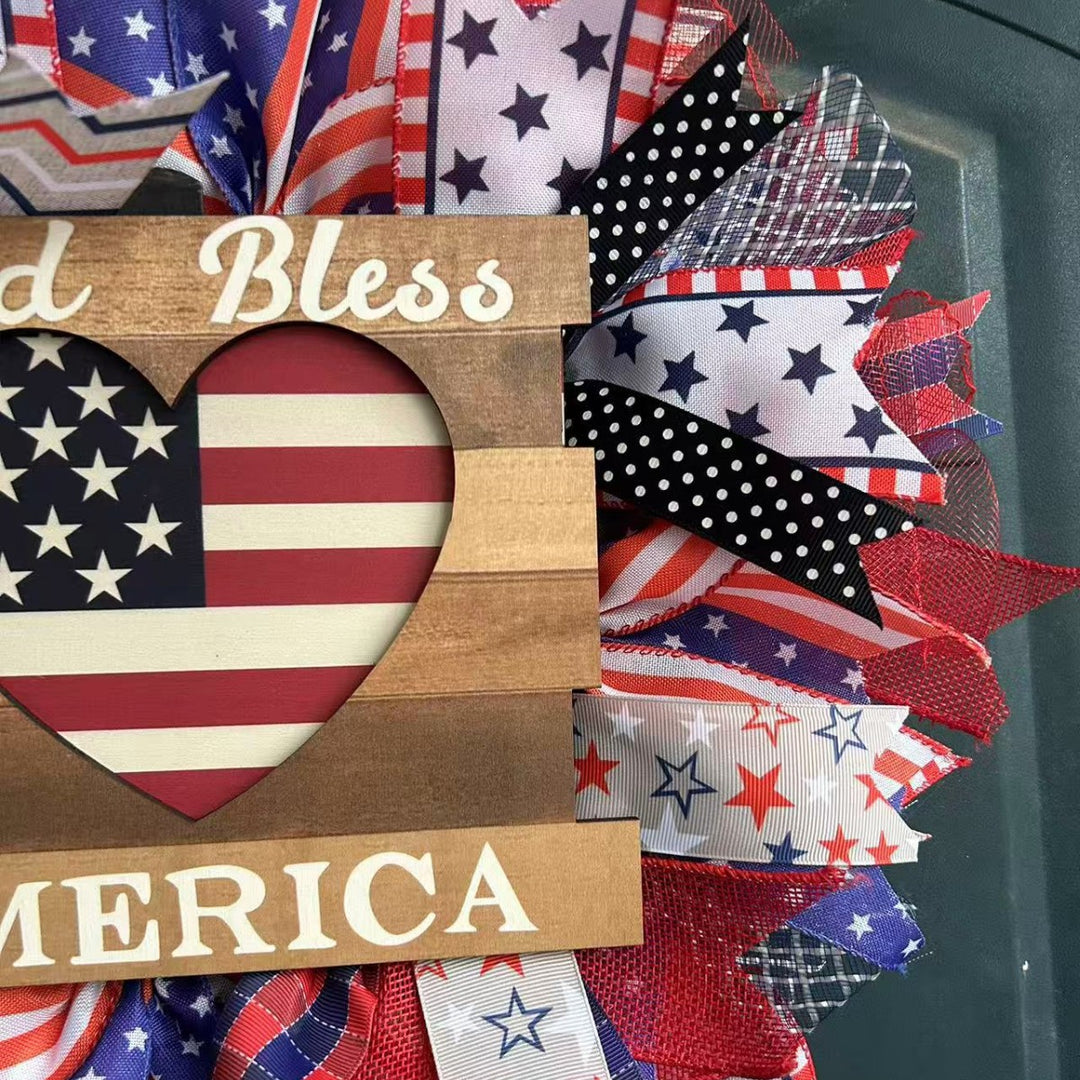 Unisex nan Patriotic Americana Decorative Front Door Wreath with Burlap Mesh Ribbon and Wooden Heart Plaque Bowlift