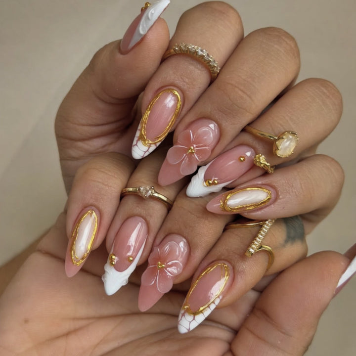 Artful Nail Extensions with Floral Accents Bowlift