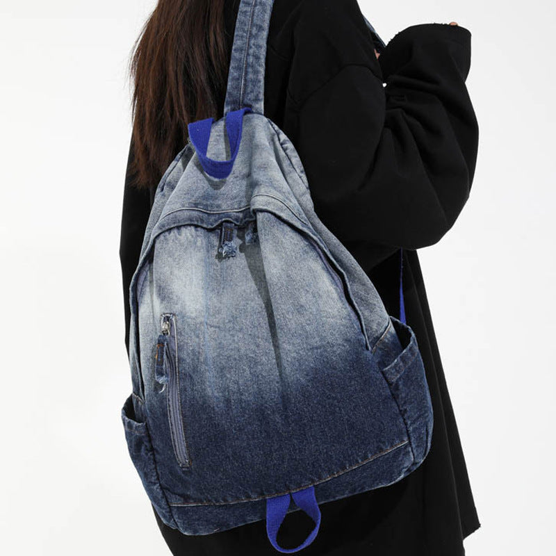 Casual Denim Wash School Backpack Bowlift