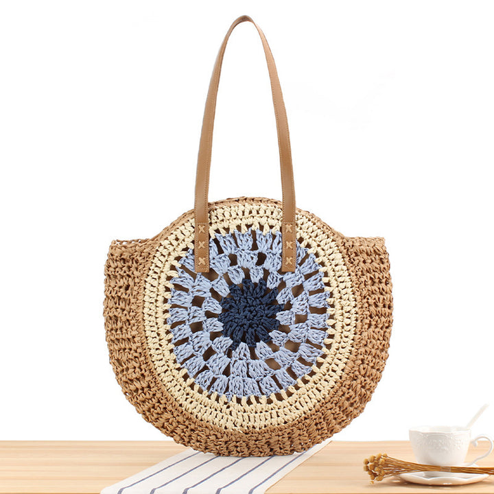 Round Bast Tote Bag with Handwoven Design Bowlift
