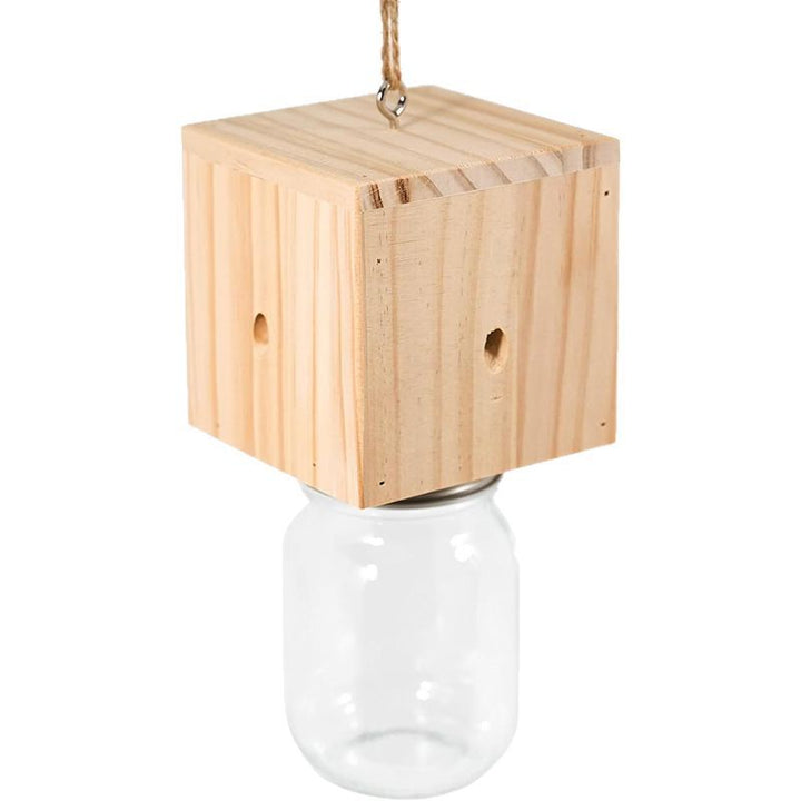 Hanging wooden bird feeder with glass jar seed reservoir and natural jute hanger Bowlift