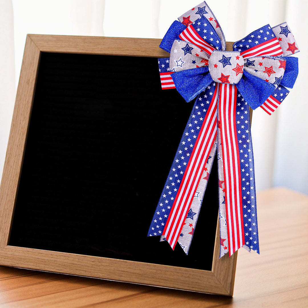 Unisex nan patriotic USA star and stripe ribbon bow set with wired tails and clip attachment Bowlift