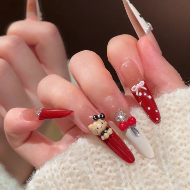 Artistic Press-On Nail Set with Holiday Designs Bowlift