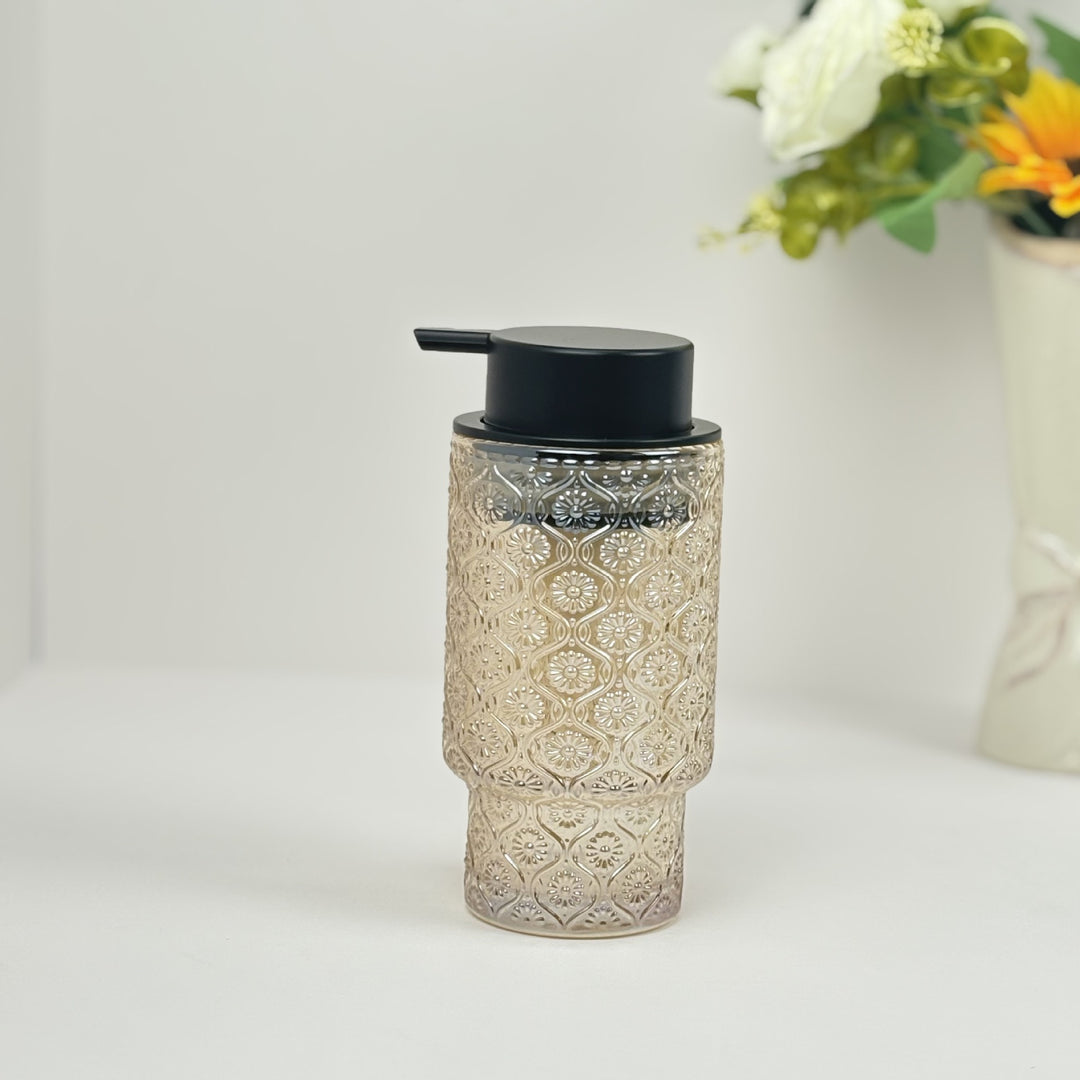 Embossed vintage glass vanity organizer set with pump dispenser and toothbrush cup Bowlift
