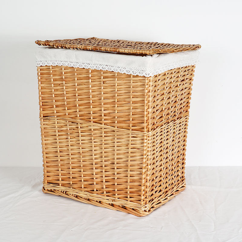 Women's laundry basket with elegant fabric cover and decorative elements Bowlift