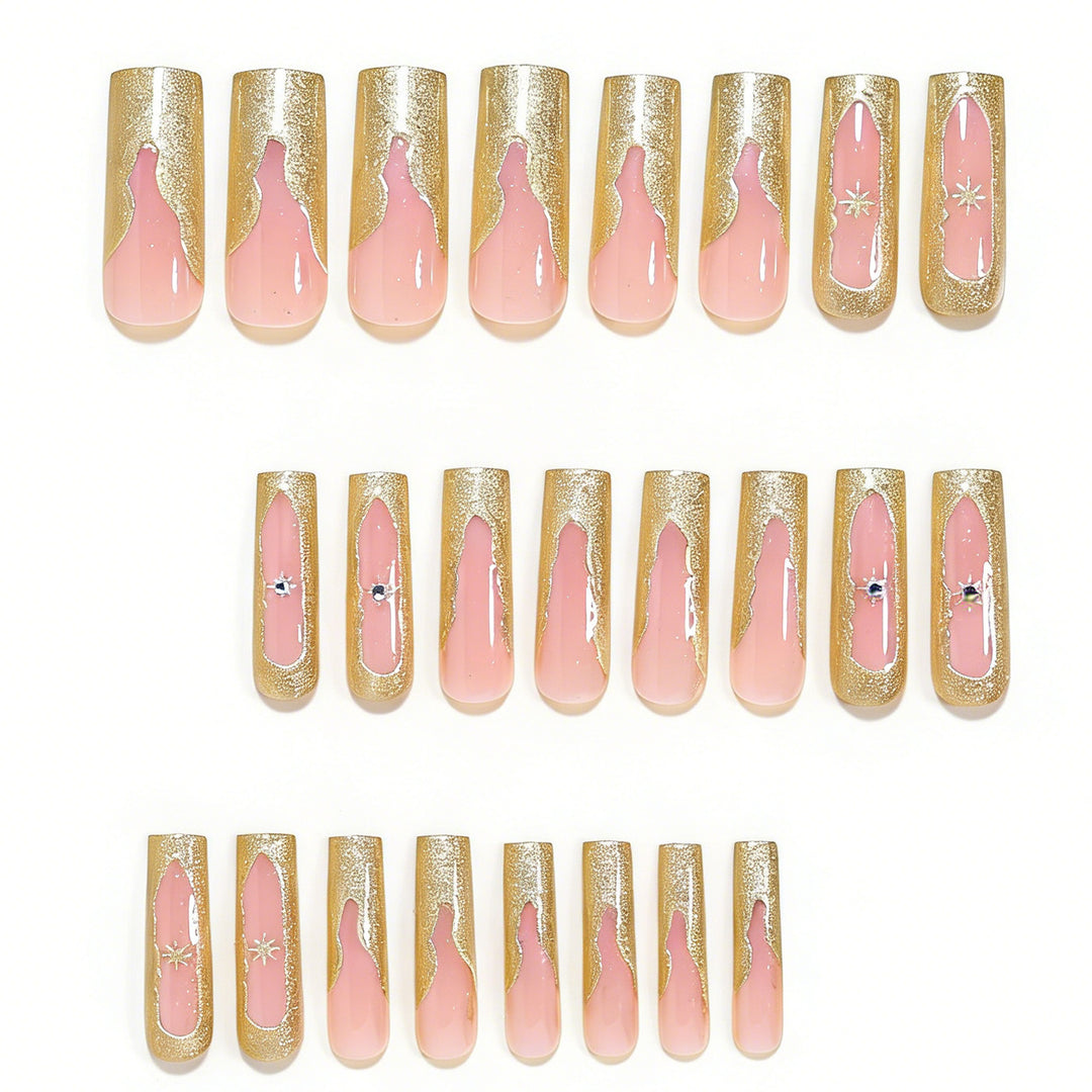 Artistic Long Nail Tips Set with Gold Accents Bowlift