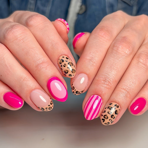 Artificial Nail Set with Stylish Leopard and Stripe Pattern Bowlift