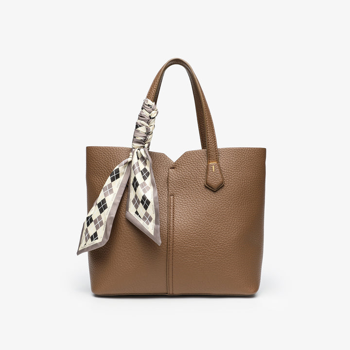 Structured Leather Tote Bag with Stylish Scarf Detail
