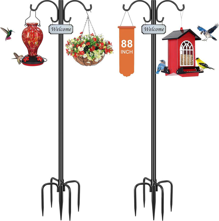Adjustable double-hook shepherd hook ground stake with anchoring fork for hanging bird feeders and lanterns Bowlift