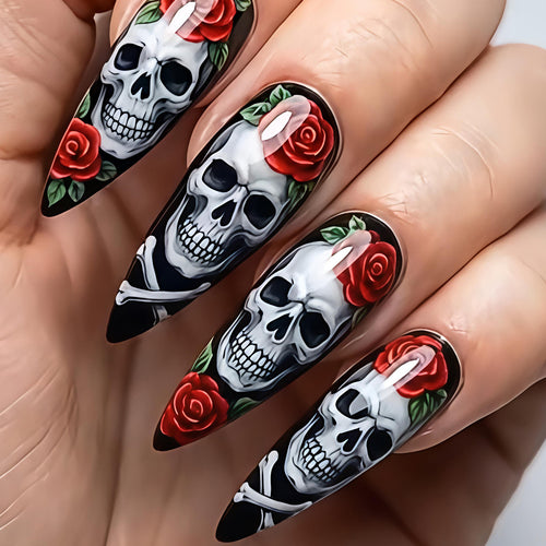 Artificial nails with creative skull and rose design Bowlift