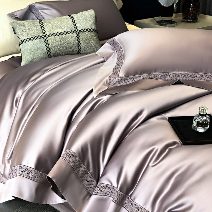 Luxury Sateen Duvet Cover Set with Openwork Embroidered Border and Hidden Closure