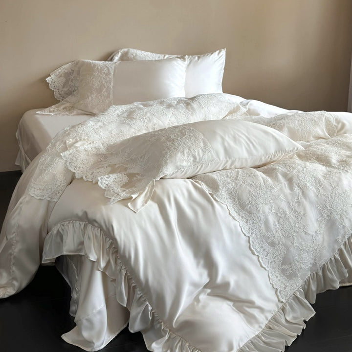Luxurious satin bedding set with fine lace and ruffled hem