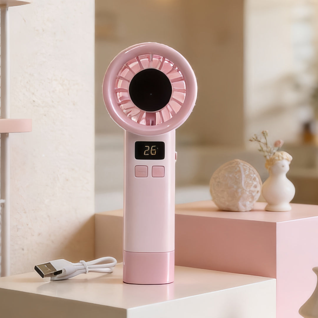 Women's Portable Hand Fan with Digital Temperature Display Bowlift