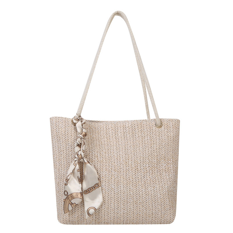 Woven Straw Tote Bag with Decorative Scarf