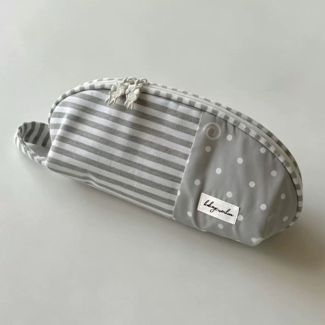 Striped Cotton Cosmetic and Pencil Pouch with Wrist Strap Bowlift