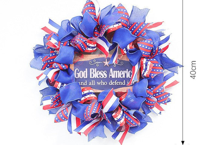 Unisex nan patriotic Americana fabric and wood door wreath with ribbon bows Bowlift