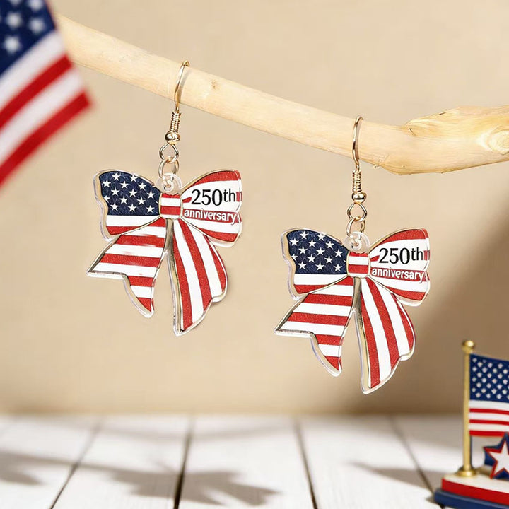 Women's nan patriotic bow dangle acrylic earrings with gold plated hooks and lightweight charm Bowlift