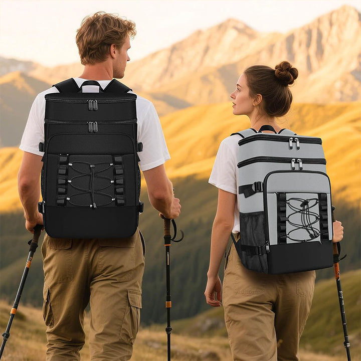 Unisex insulated cooler backpack for picnics and camping with side bottle holders, outer pocket for smartphone and elastic strap Bowlift