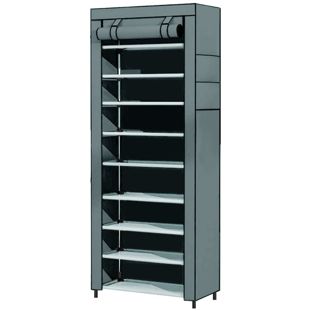 tall vertical shoe storage cabinet with roll-up protective cover and clear shelf panels Bowlift
