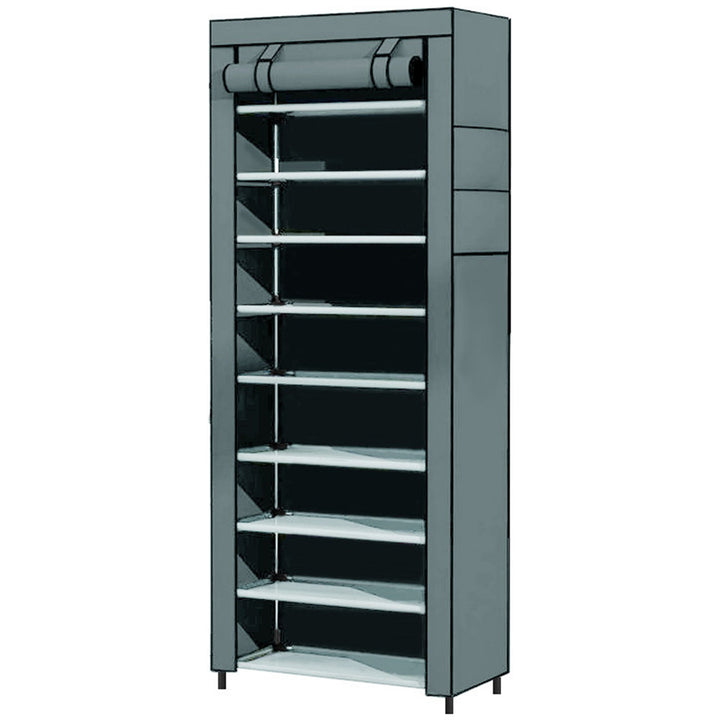 tall vertical shoe storage cabinet with roll-up protective cover and clear shelf panels Bowlift