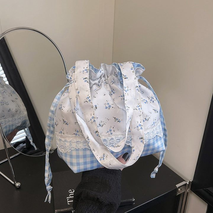 Floral-Embellished Drawstring Tote Bag