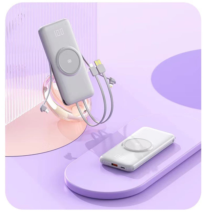 Portable power bank with wireless charging function and integrated charging cable Bowlift