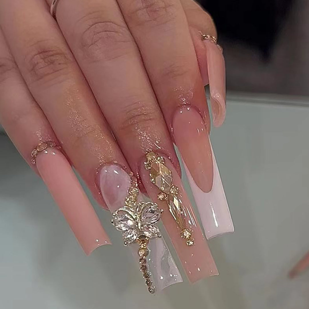Elegant Long Press-On Nail Set with Decorative Gem and Floral Accents Bowlift