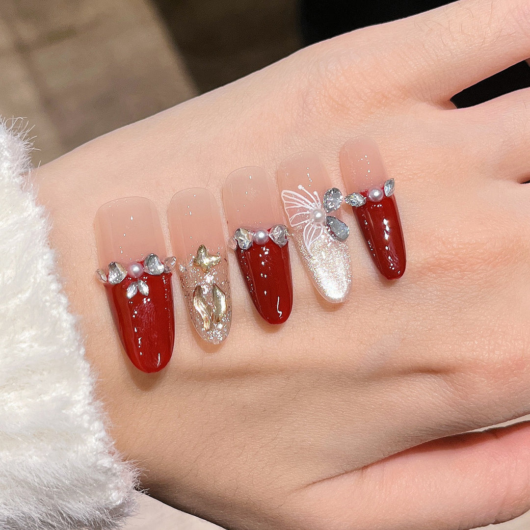 Artistic Gem-Accented Press-On Nail Extensions Bowlift