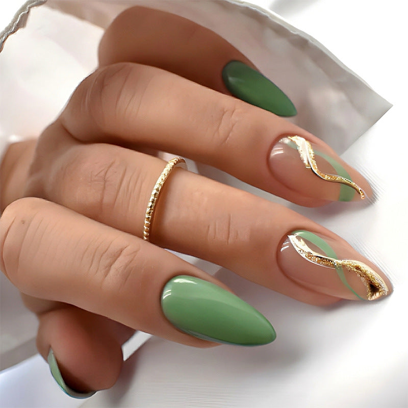 Artistic Press-On Nail Set with Eye-Catching Green Patterns Bowlift