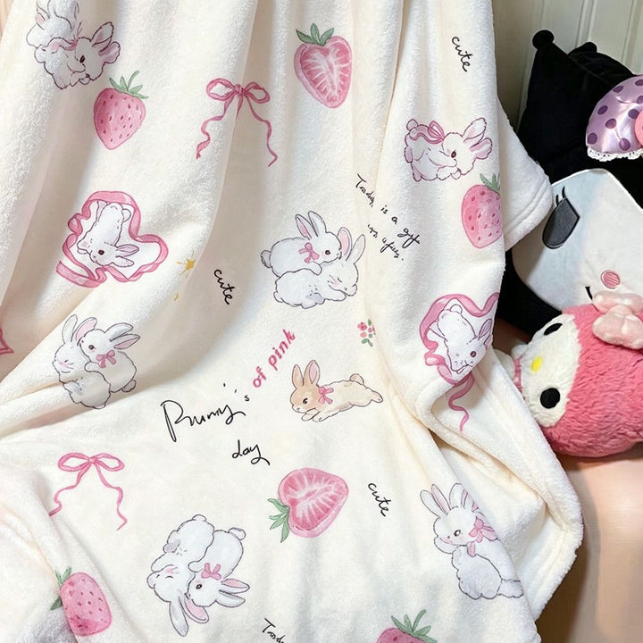 Cute Bunny and Strawberry-Themed Ultra Soft Fleece Blanket